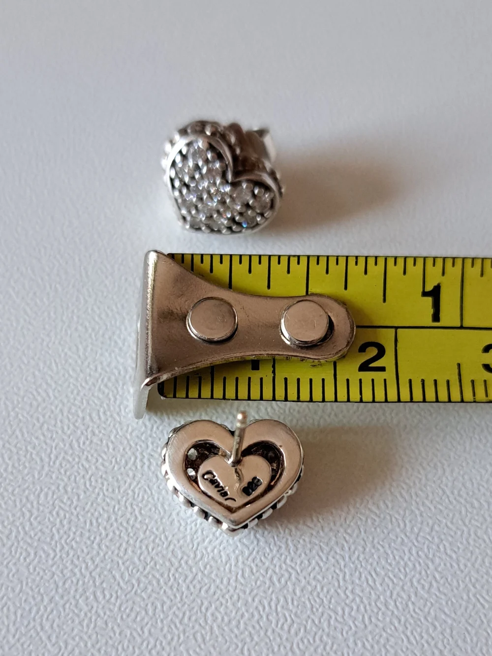 Vintage LAGOS Caviar Sterling Silver Diamond Heart Stud Earrings - Picture 13 of 13